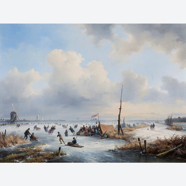 A winter landscape with figures skating near a koek-and-zopie