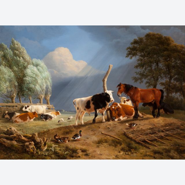 Landschap met paard, stier, koeien ooievaars en eenden onder dreigende onweerslucht