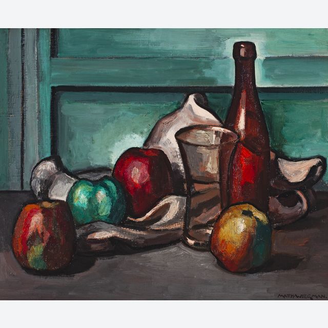 Still life with apples, glass and bottle