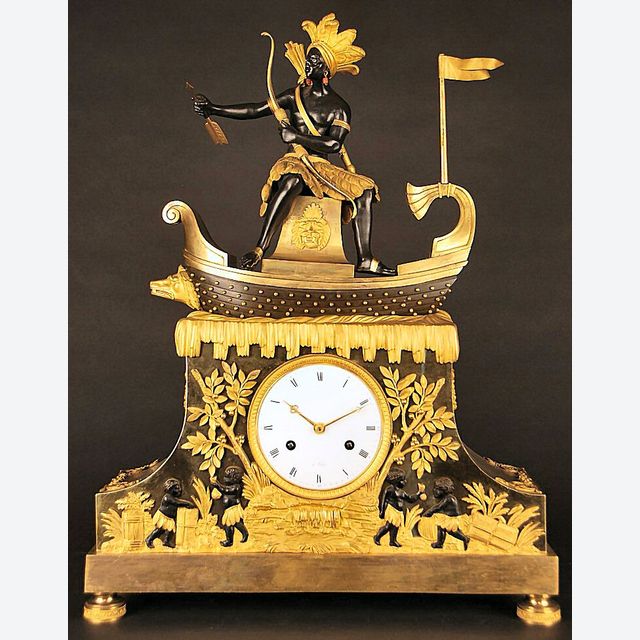 Französische Pendeluhr, Skulptur des 'Amerindianischen Jägers', in Paris um 1800.