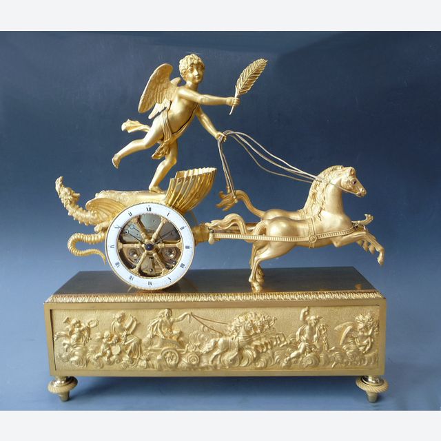 Le char de Cupidon, une pendule en sculpture française, Empire signée Le Roy, vers 1810.