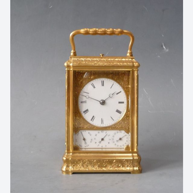 A fine gorge case  carriage clock signed Drocourt, eight day, calendar and alarm, France, dated  1868.