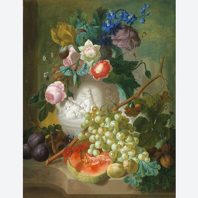 Stll life with flowers and fruit