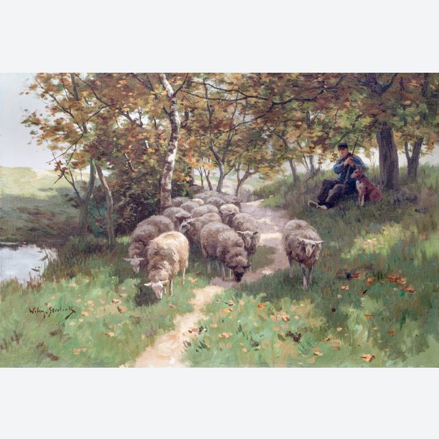 Hirte mit Hund und Schafherde