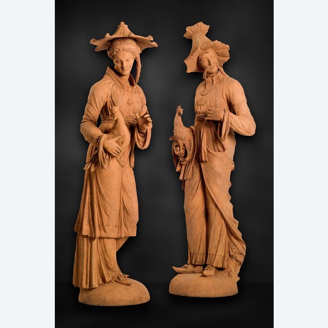 Pair of German Chinoiserie Terracotta Sculptures Representing Two Malabars