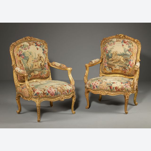 Pair of Louis XV gilt-wood Armchairs from the Waterford Suite, Jean Jacques Tilliard