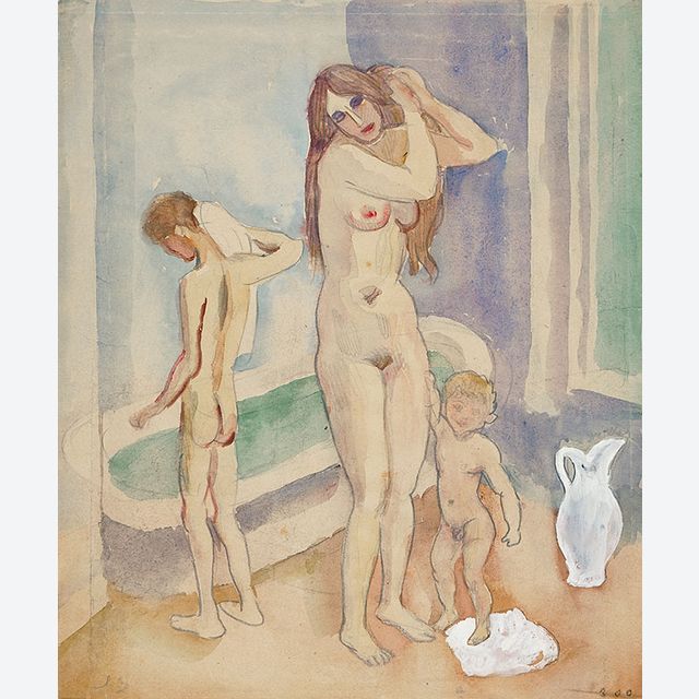 Mother with two kids in bathroom