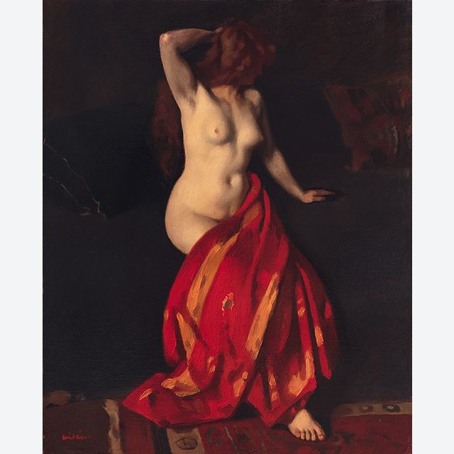 Nude sitting with a red cloth