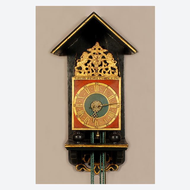 Een goede veelkleurige Gelderse stoelklok, door Goslink Ruempol, 1746