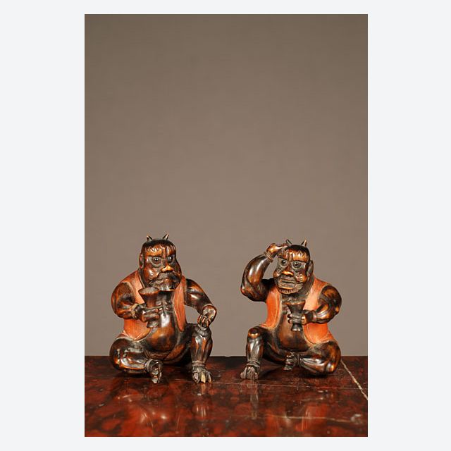 A set of two probably Japanese carved boxwood 'satyr' figures, circa 1880.