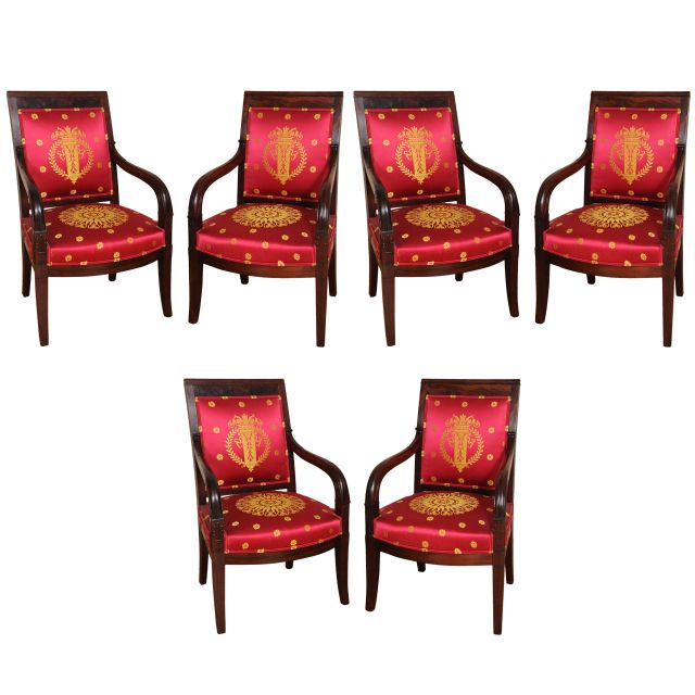A set of six very fine Empire mahogany fauteuils à la Reine.