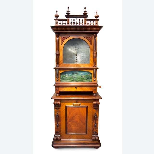 A very rare German standing walnut and animated disc music box, Kalliope, circa 1895