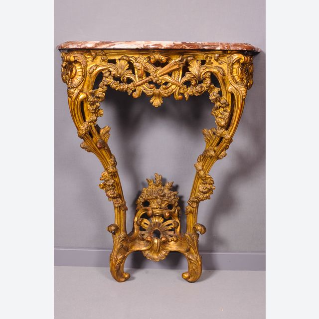 A French Transition giltwood console table with marble top, circa 1765