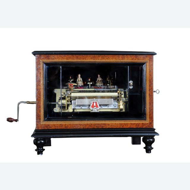 A Swiss amboyna 'bells-in-sight' cylinder music box with animated dancers, circa 1880