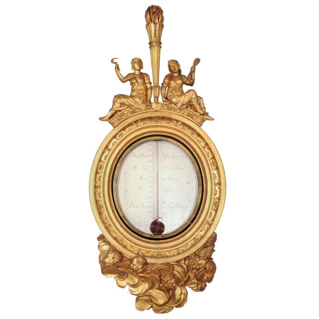Ein imposantes holländisches vergoldetes Holzthermometer von Grimaldi, um 1800 herum.