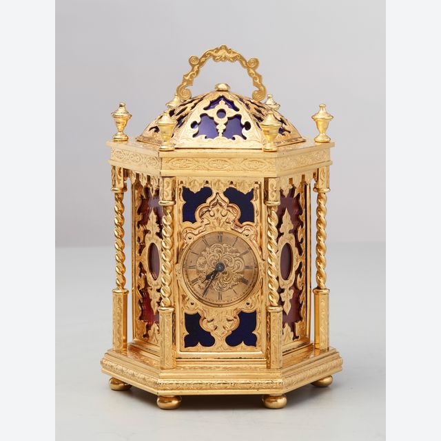 A very unusual hexagonal English 'Gothic Revival' travelling clock by Howell James, circa 1870