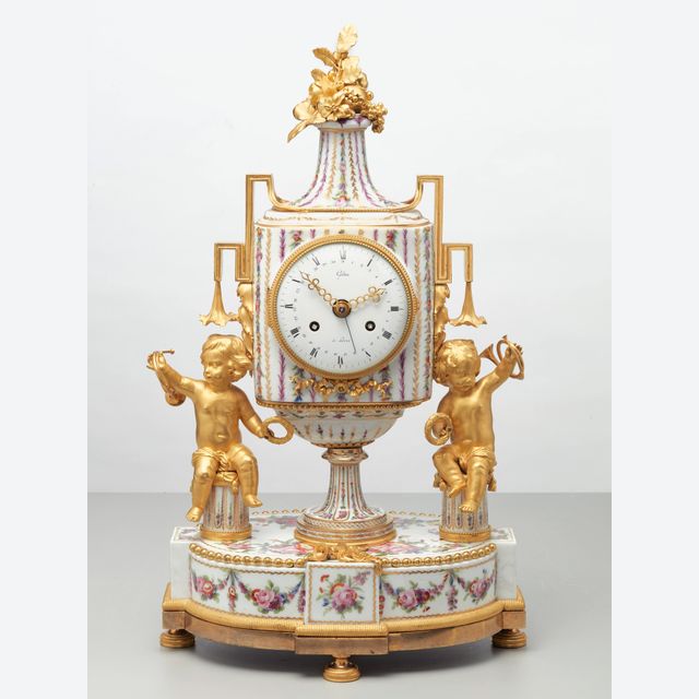 Rare French porcelain and gilt bronze mantel clock by Godon, circa 1785