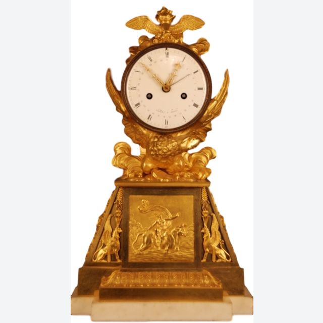 M77 Directoire - 1793-95 - vergoldete Bronze-Kaminuhr, im Originalzustand, Acht-Tage-Laufwerk