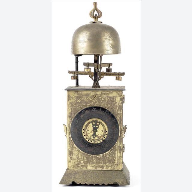 J07 A rare 18th century Japanese wall clock or 'Nicho Tenpu Yagura-dokei' with alarm and automatic change over of the twin foliot escapements