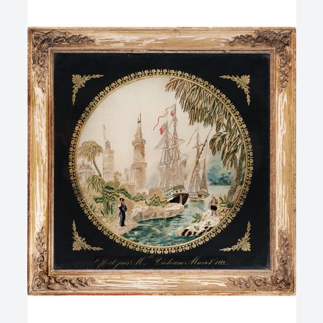 An Eglomise Framed Needlework Panel, with Oriental Scenery and French Ship