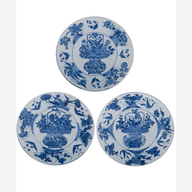 Three Blue and White Kangxi  Dishes, with Flowerbasket