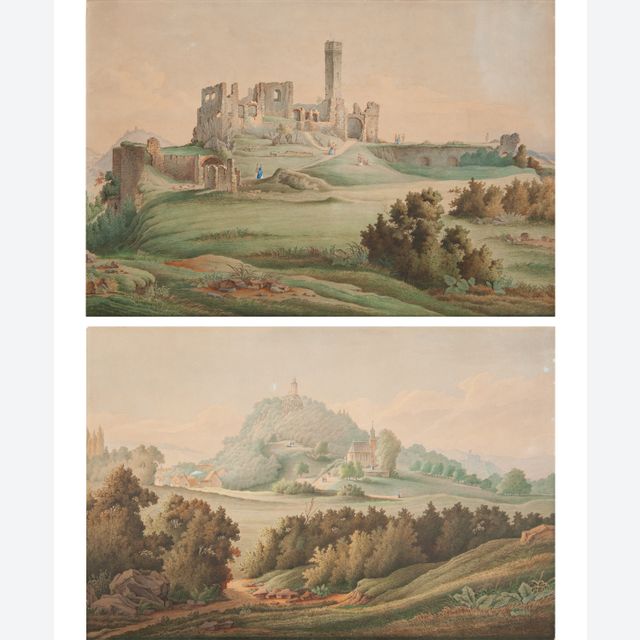 Paar Gouaches op Papier - Zicht van Frankenstein Kasteel - Landschap in Königstein