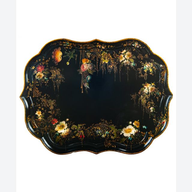 19th Century Papier Mâché Scalloped Tray Table on Faux Bamboo Base -  B. Walton & Co.