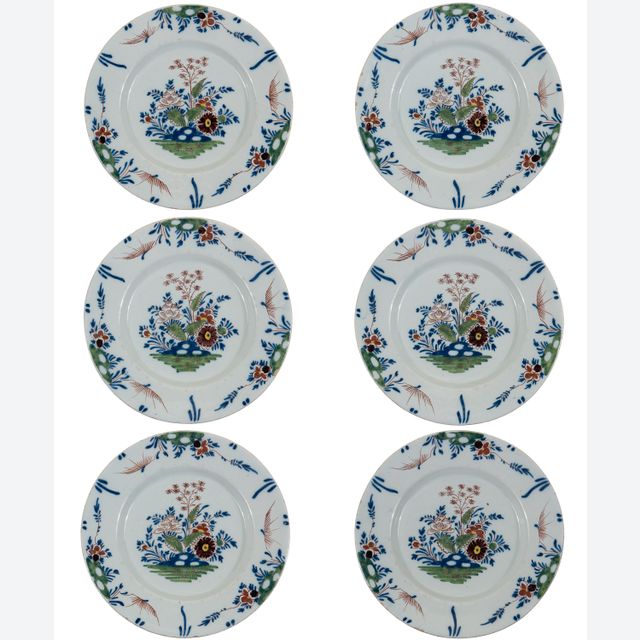 Een Set van 6 Polychrome Hollandse Delftse Borden