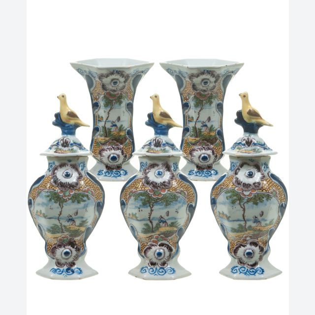 5-Delig Polychrome Klein Kaststel in Delfts Aardewerk