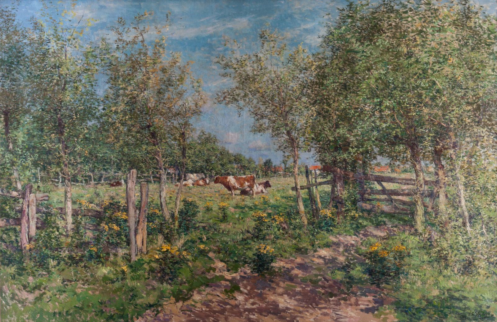 Cows in a blooming meadow
