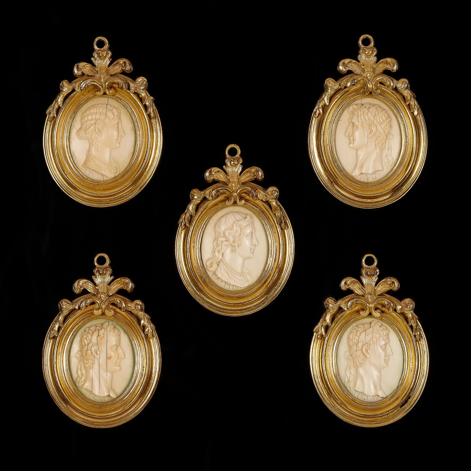 Five Italian oval ivory portrait medallions of Roman emperors