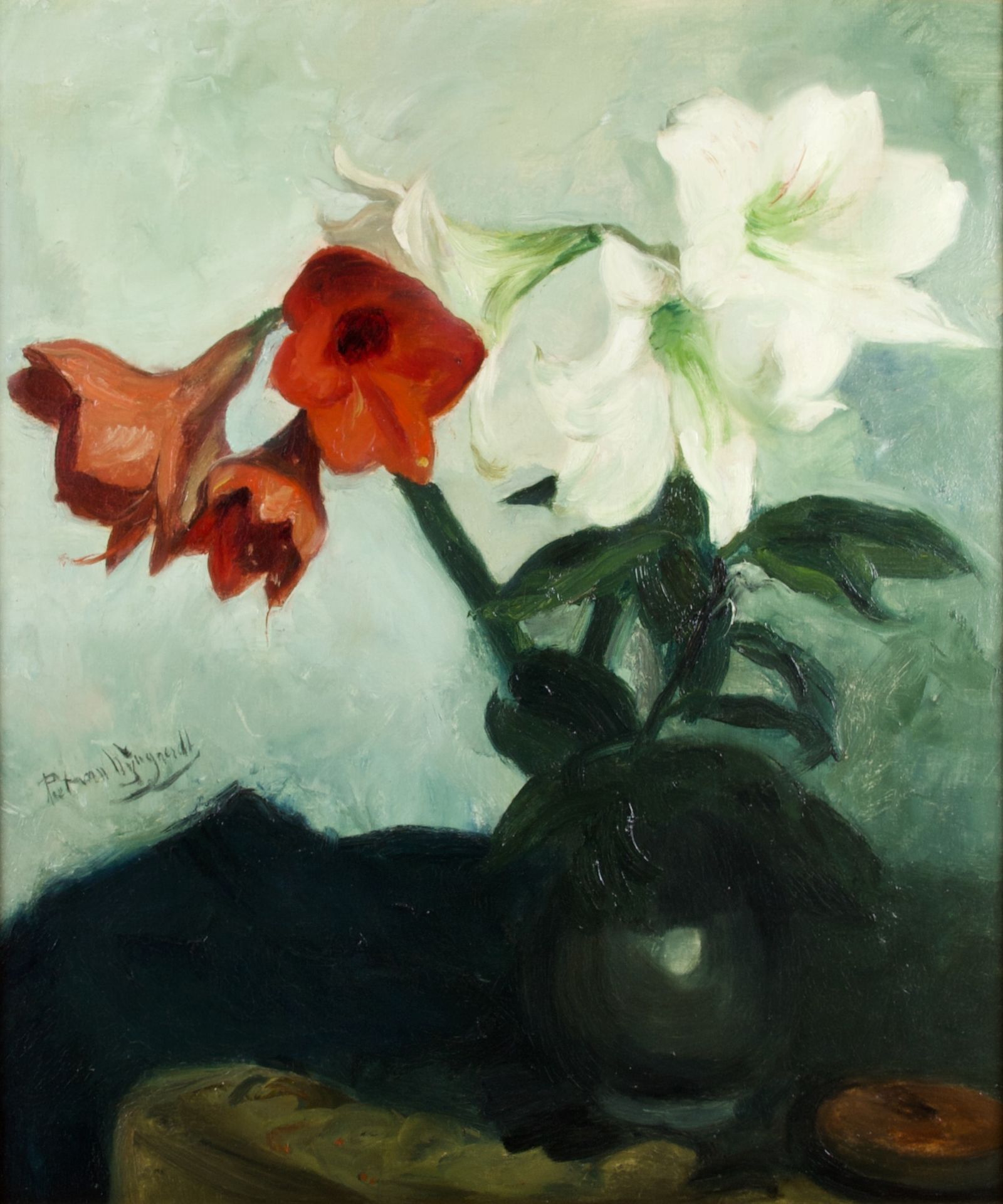 Petrus Theodorus (Piet) van Wijngaerdt, 'Roode en Witte Amaryllis', oil on canvas, ca. 1925