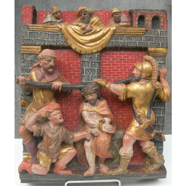 A POLYCHROME CARVED WOODEN RELIEF  1 of 2