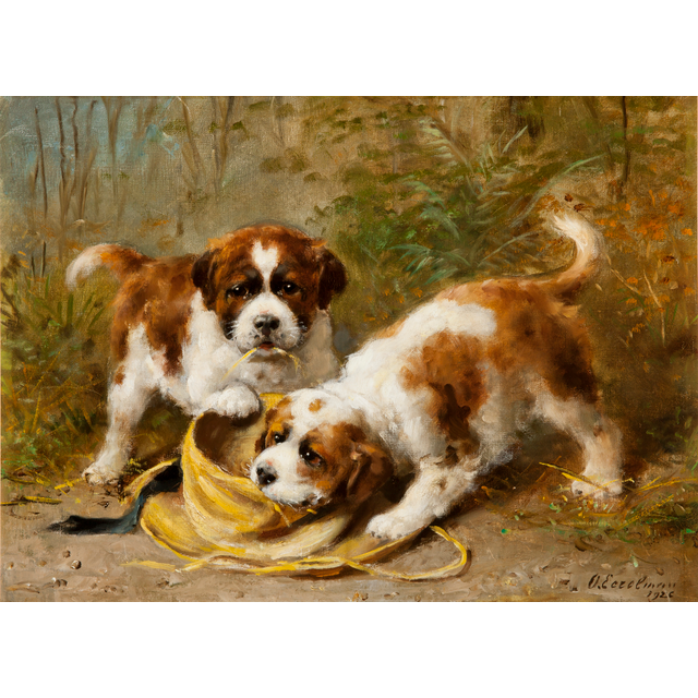 Twee Sint Bernard puppies spelend met een hoed - Otto Eerelman