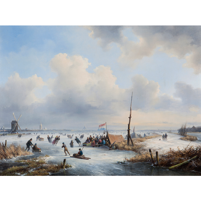 Winterlandschaft mit Schlittschuhläufern bei einem Imbissstand