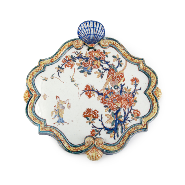 Dutch Delft chinoiserie plaque with lady with latern