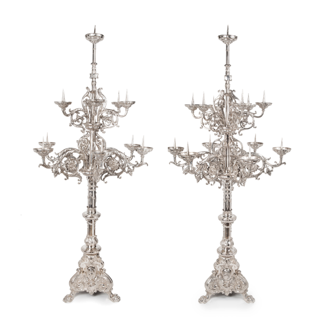 An impressive pair of Dutch silver pricket candelabra