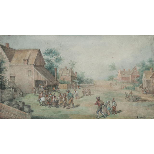 Dorpslandschap met drinkende boeren voor een herberg