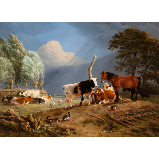Landschap met paard, stier, koeien ooievaars en eenden onder dreigende onweerslucht