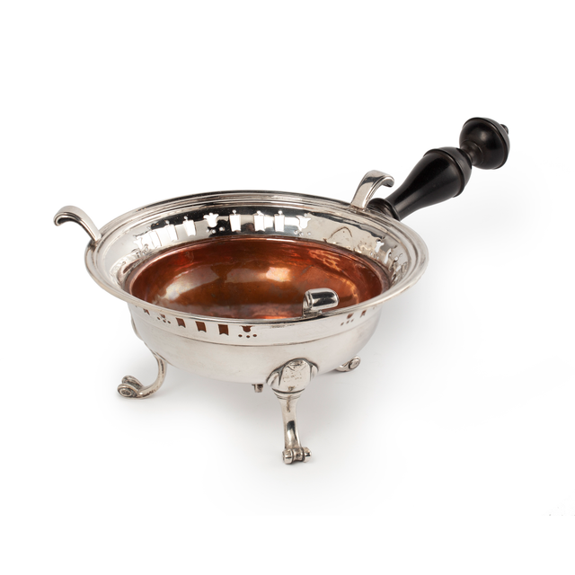 Silver brazier with ebony handle and copper bowl