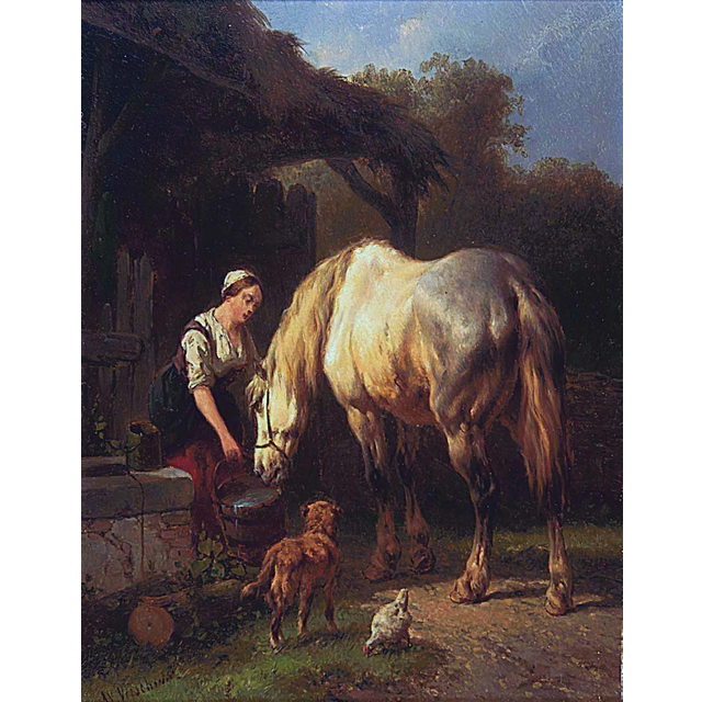 Woman watering a horse