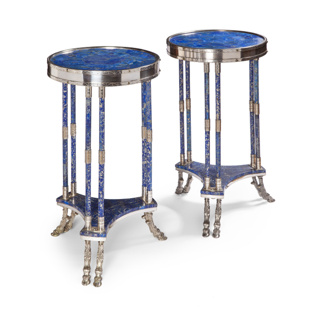 A pair of Louis Seize style Lapis Lazuli and silver plated gueridon tables