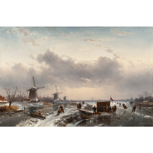 Dutch winterlanschap with three windmills and a koek-and-zopie