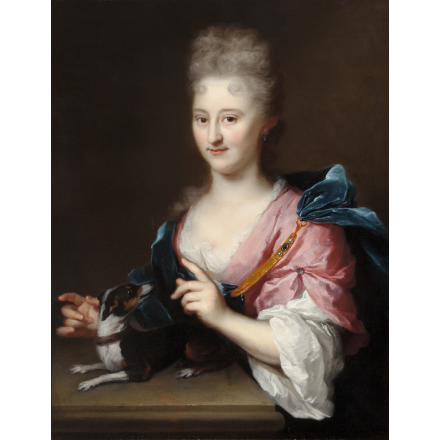 ARNOLD BOONEN (DORDRECHT 1669-1729 AMSTERDAM) – A PORTRAIT OF A LADY IN A PINK DRESS AND BLUE CLOAK WITH A LAP DOG