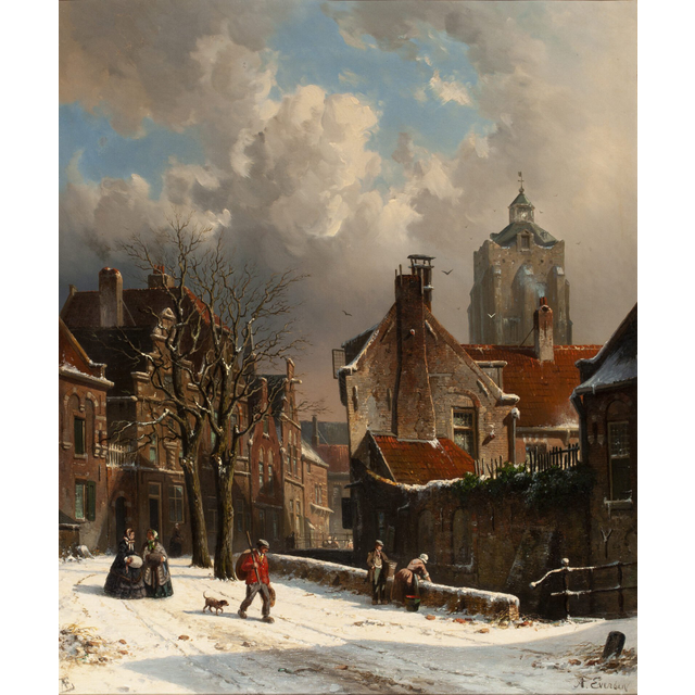 ADRIANUS EVERSEN (1818-1897) - UNE SCÈNE DE RUE HOLLANDAISE ENNEIGÉE