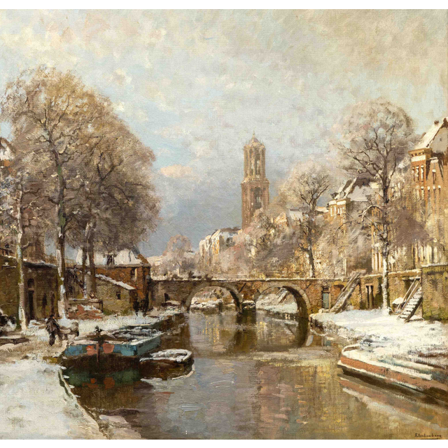 Une vue hivernale de l'Oude Gracht à Utrecht avec le Geertebrug, au loin la Domtoren