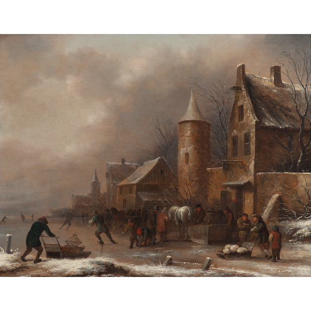 Peasants skating on a frozen river