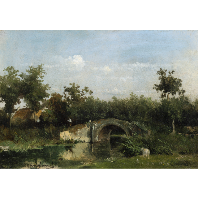Johan Hendrik Weissenbruch (1824–1903) - Dutch landscape with stone bridge over river