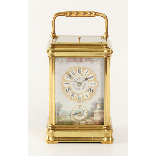 A French porcelain mounted gilt brass carriage alarm clock,circa 1880
