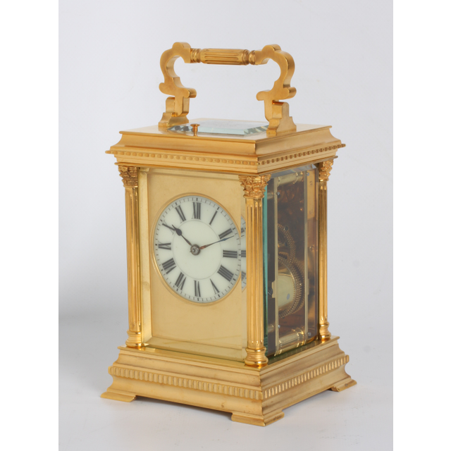 A fine French gilt brass Anglaise case repeating carriage clock by Henri Jacot, circa 1880.